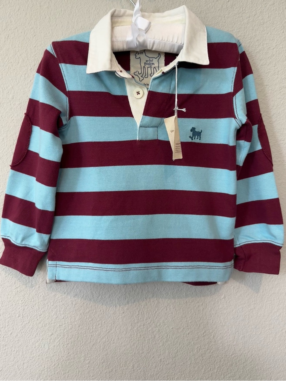 NWT Mini Boden 2-3Y Maroon & Light Blue Striped Rugby Polo